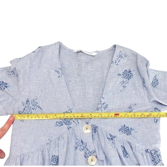 ZARA 100% cotton denim chambray bohemian smock peasant top with floral design - Picture 7 of 12